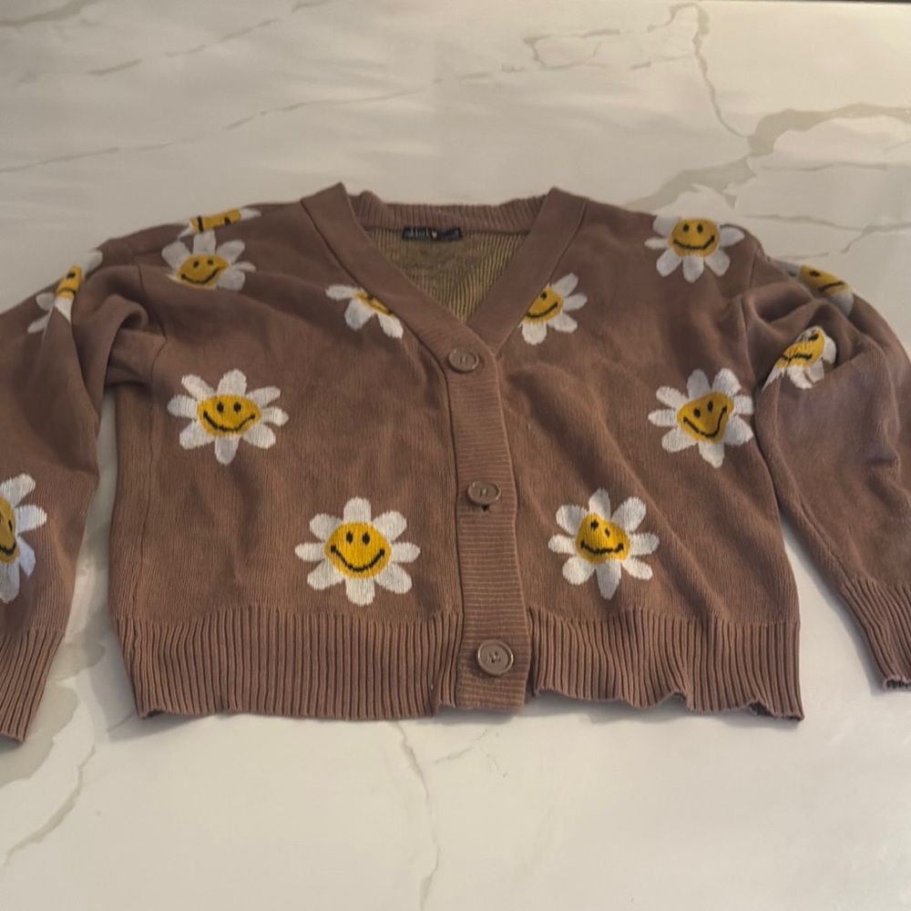 NIKA Brown Cardigan with Smiley Daisy Design